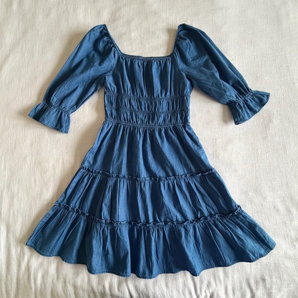 Speed Limit MPH Dress Womens S Blue Chambray Smocked Tiered Ruffle Boho Cottage - Picture 7 of 15